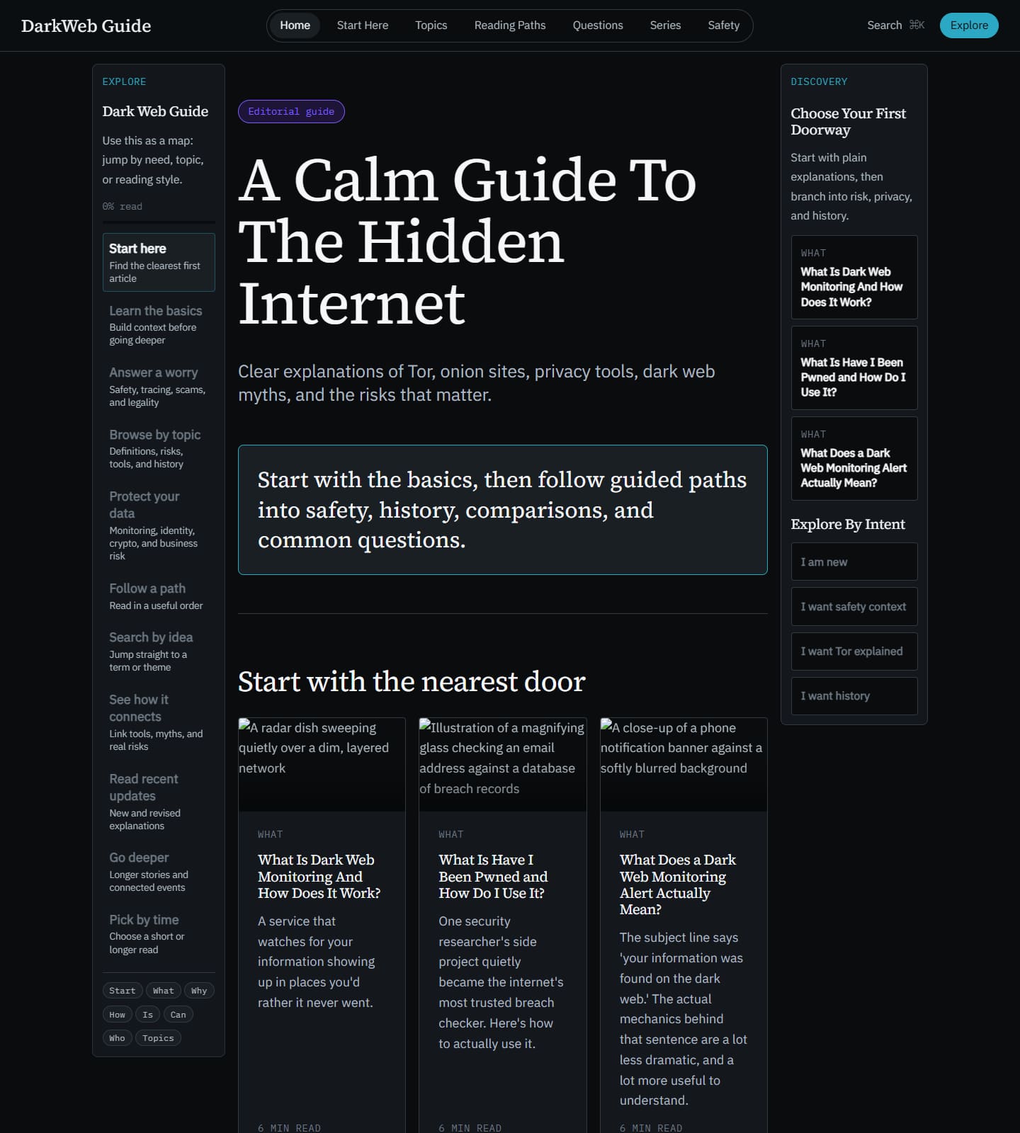 Dark Web Things homepage, editorial discovery layout
