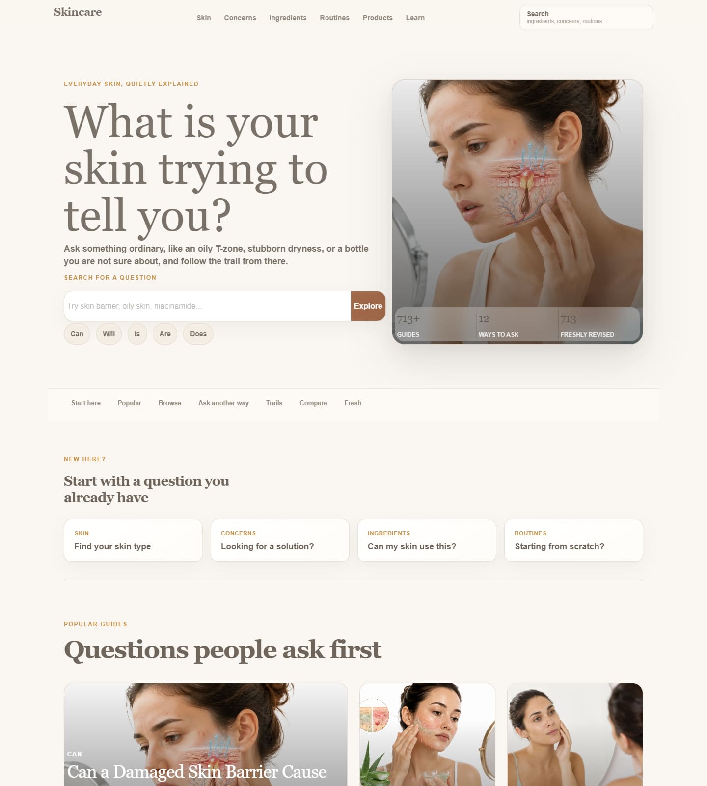 Outerderm homepage, editorial discovery layout