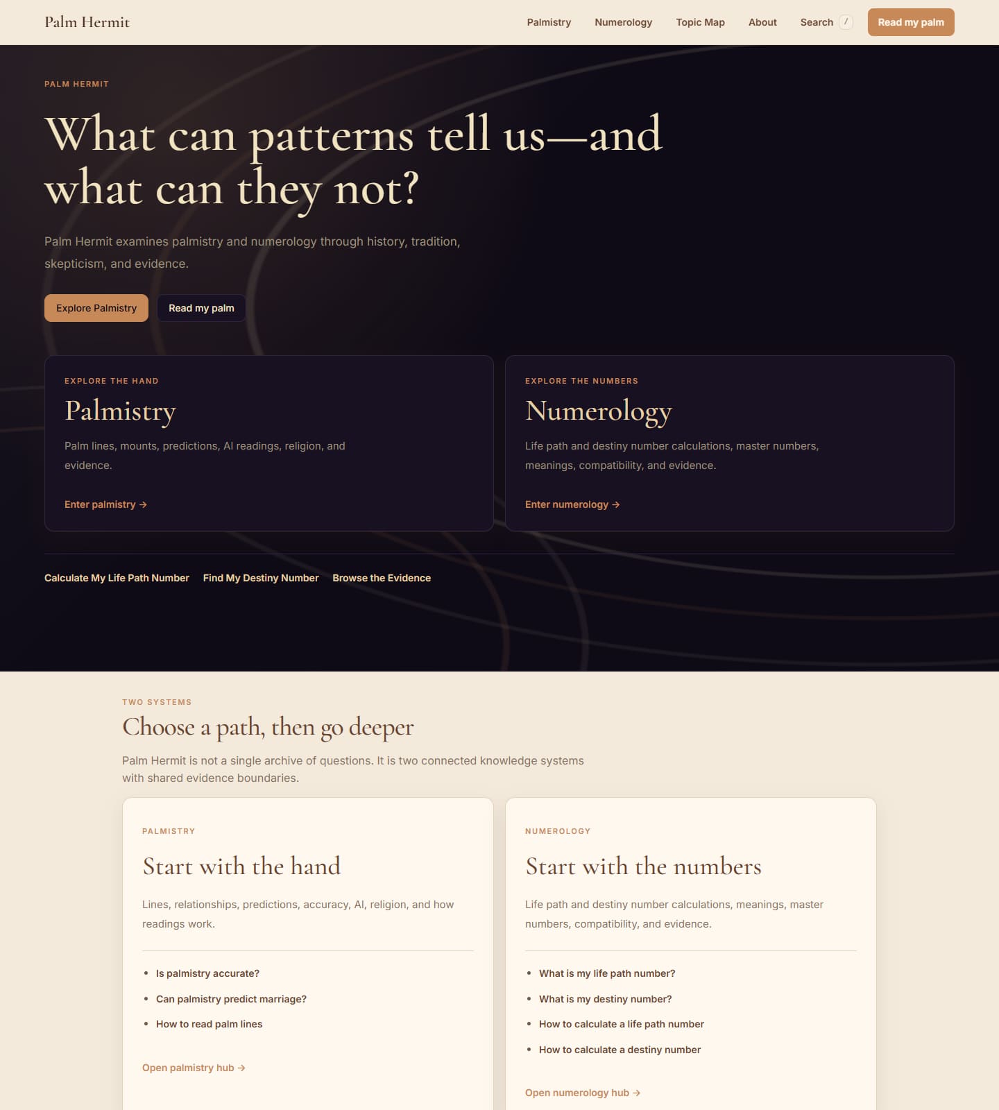 Palm Hermit homepage, editorial discovery layout