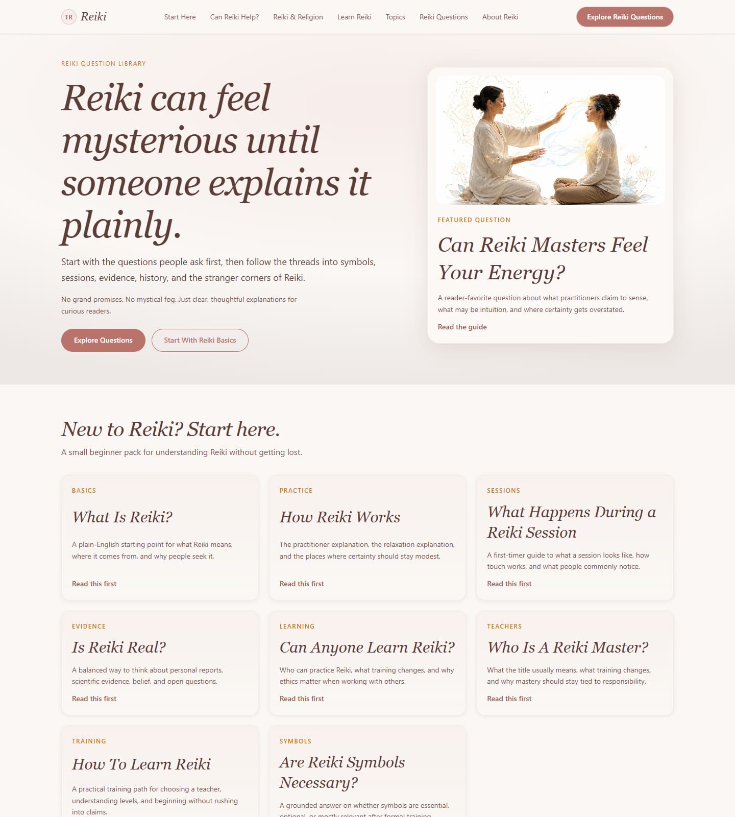 Reikiona homepage, editorial discovery layout