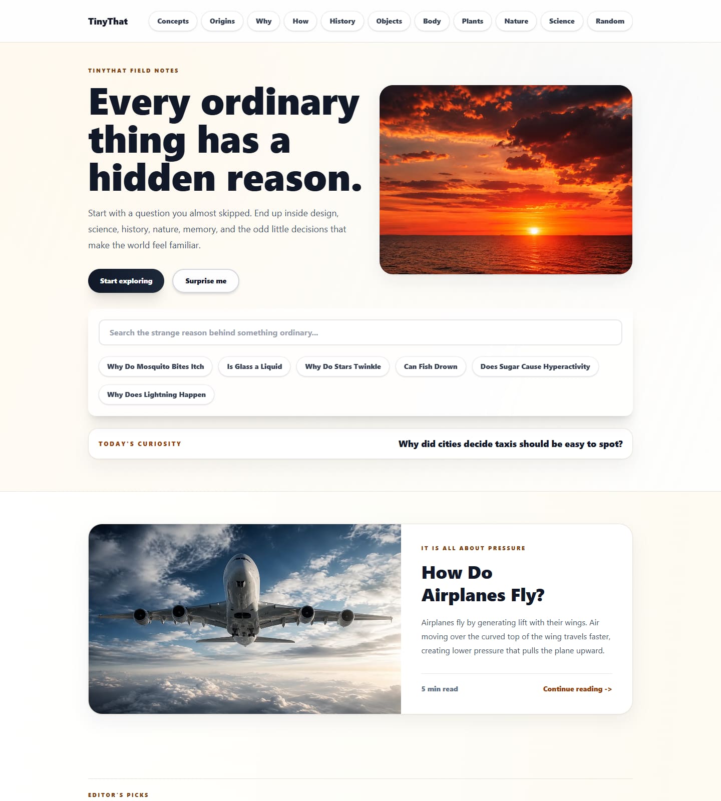 TinyThat homepage, editorial discovery layout