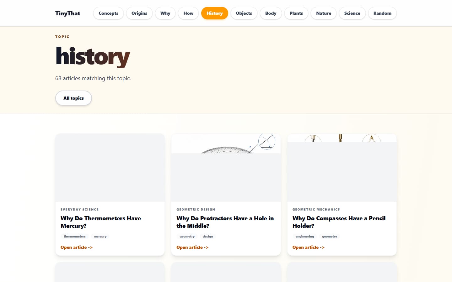 TinyThat hub page, topic grid