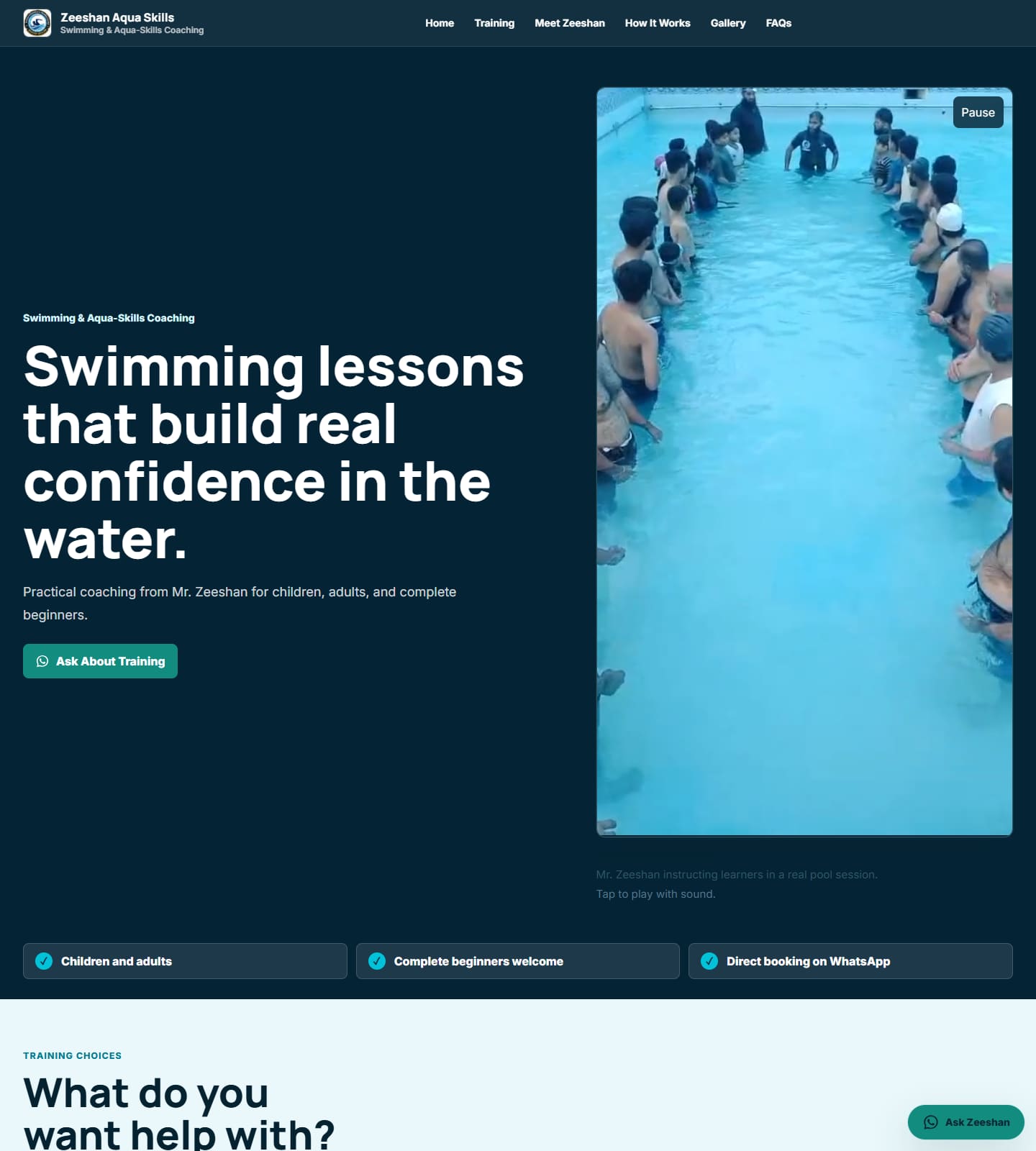 Zeeshan Aqua Skills homepage, editorial discovery layout